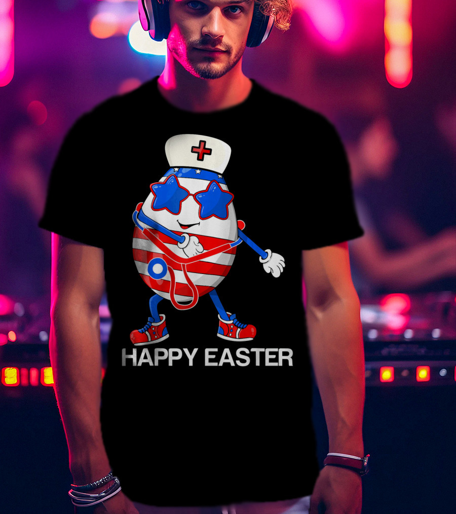 Happy Easter Flossing Egg With Stethoscope Nurse Hat And Stars T-Shirt
