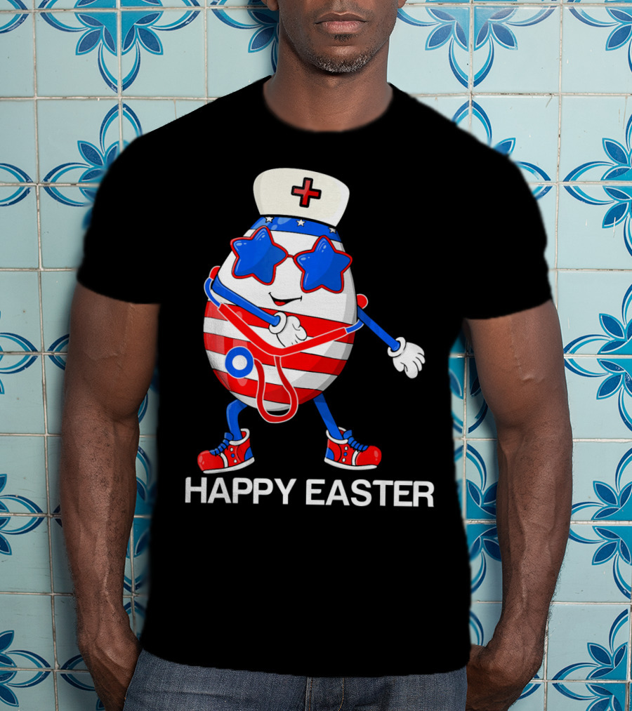 Happy Easter Flossing Egg With Stethoscope Nurse Hat And Stars T-Shirt