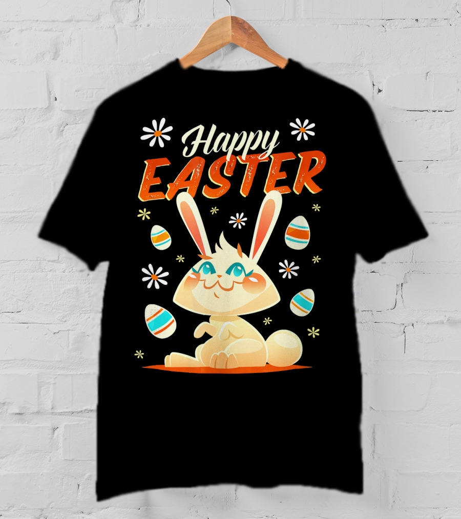Happy Easter Bunny Surrounded By Colorful Eggs And Daisies T-Shirt