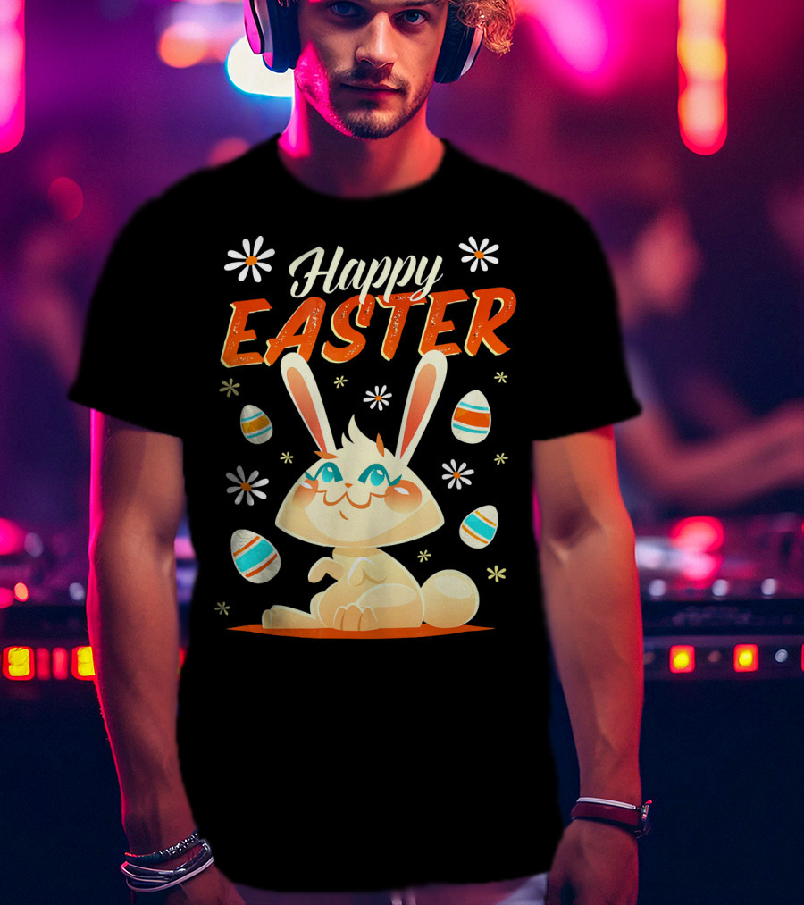 Happy Easter Bunny Surrounded By Colorful Eggs And Daisies T-Shirt
