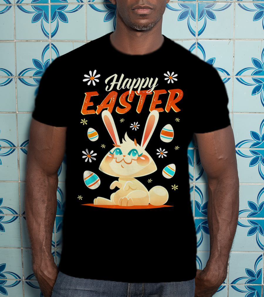 Happy Easter Bunny Surrounded By Colorful Eggs And Daisies T-Shirt