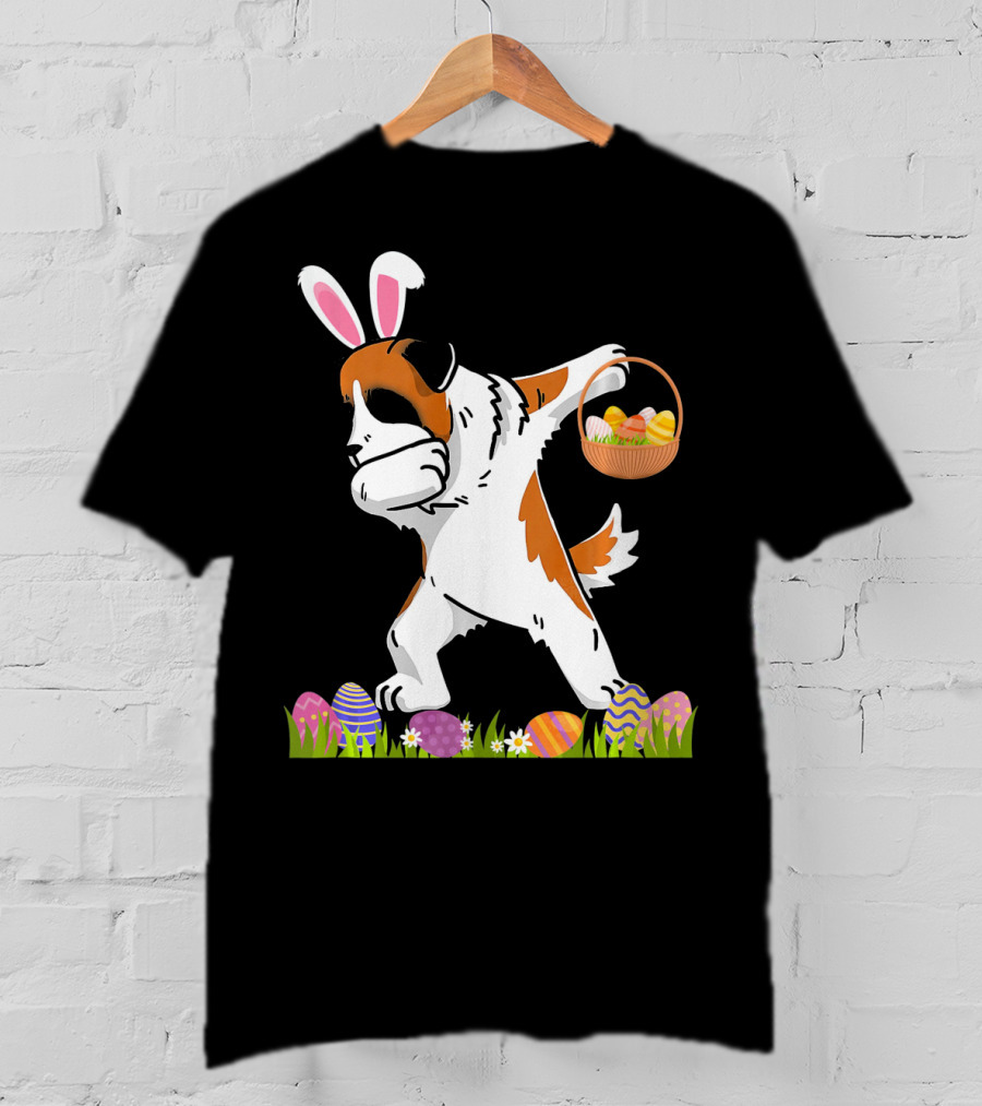 Funny Saint Bernard Dog Dabbing With Easter Bunny Ears And Basket Of Eggs T-Shirt