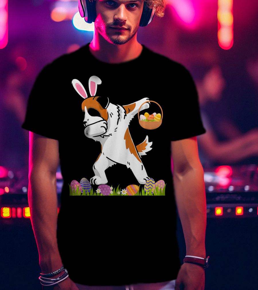 Funny Saint Bernard Dog Dabbing With Easter Bunny Ears And Basket Of Eggs T-Shirt