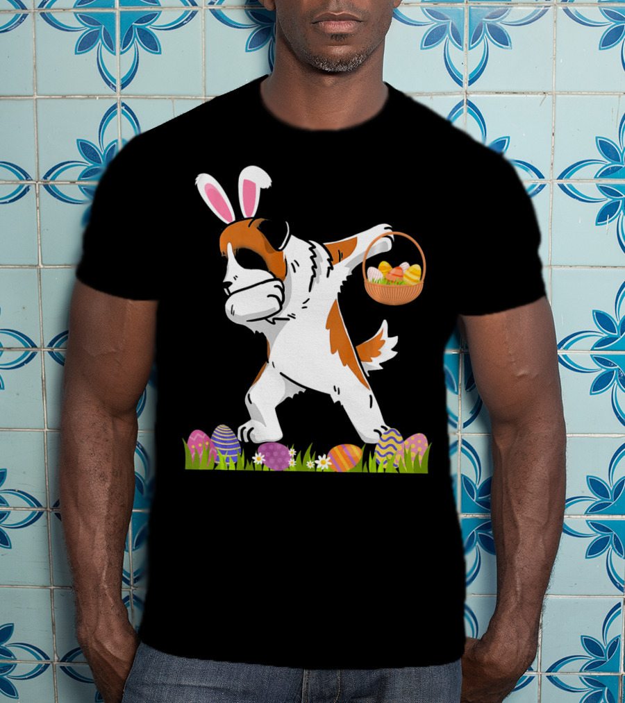 Funny Saint Bernard Dog Dabbing With Easter Bunny Ears And Basket Of Eggs T-Shirt