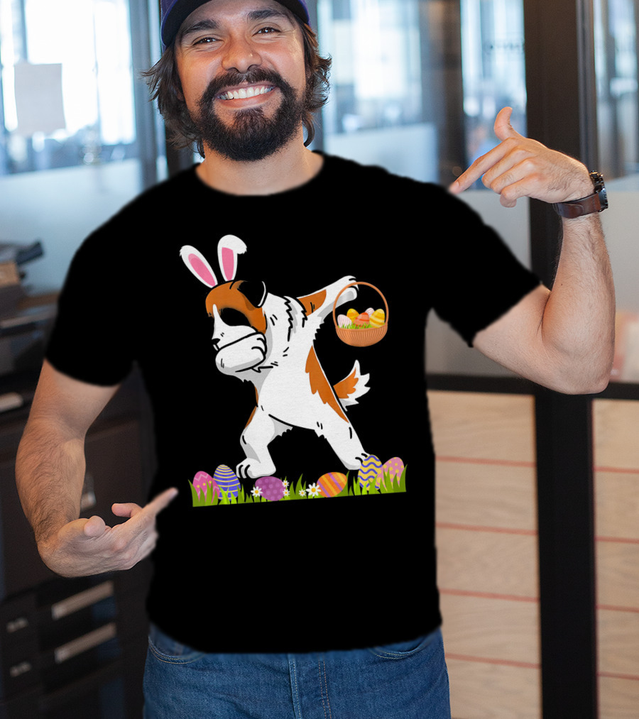 Funny Saint Bernard Dog Dabbing With Easter Bunny Ears And Basket Of Eggs T-Shirt