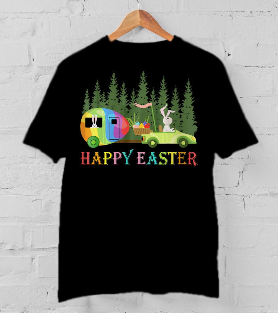 Happy Easter Bunny Driving Colorful Camper With Eggs In Forest T-Shirt