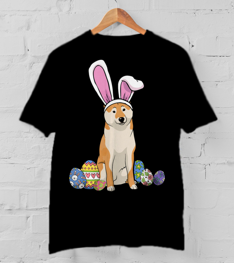 Shiba Inu With Bunny Ears And Colorful Easter Eggs T-Shirt