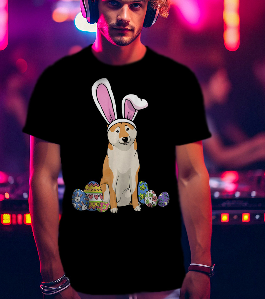 Shiba Inu With Bunny Ears And Colorful Easter Eggs T-Shirt