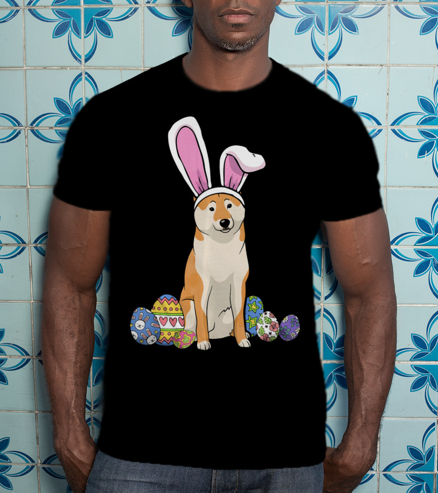 Shiba Inu With Bunny Ears And Colorful Easter Eggs T-Shirt