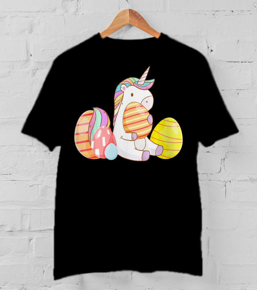Unicorn Bunny Hugging Colorful Easter Eggs T-Shirt