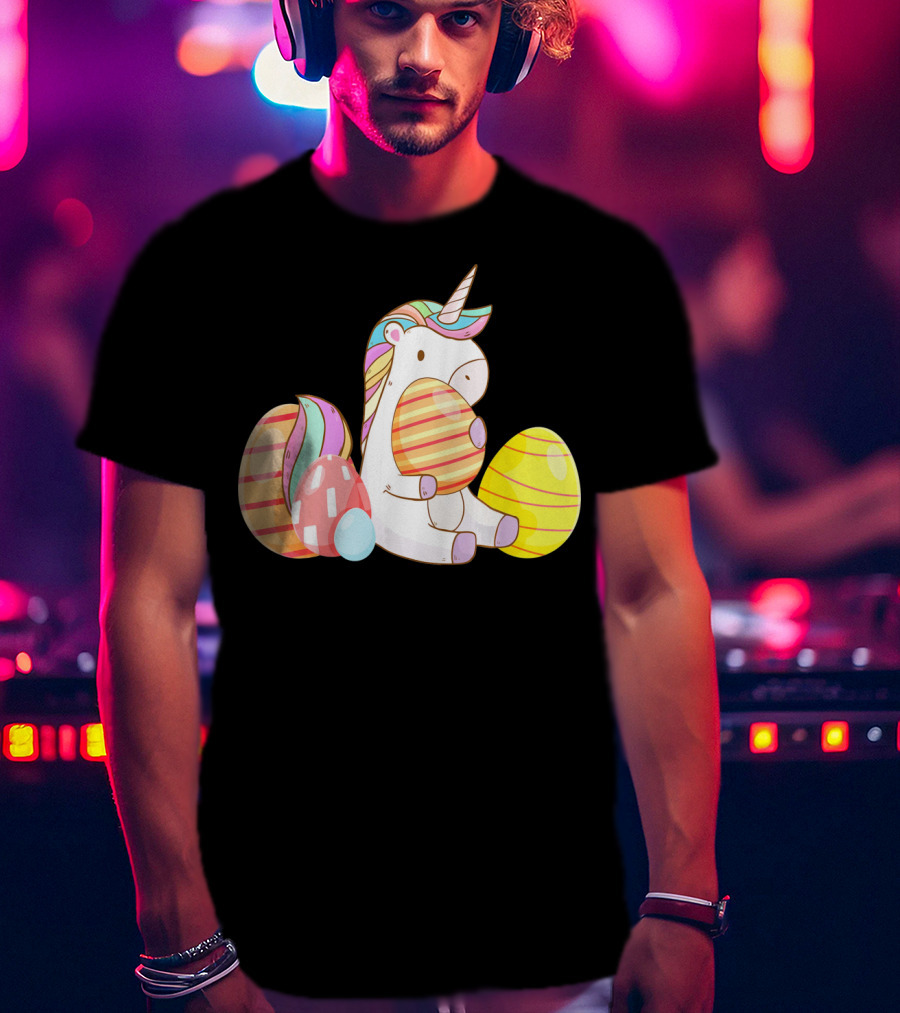 Unicorn Bunny Hugging Colorful Easter Eggs T-Shirt