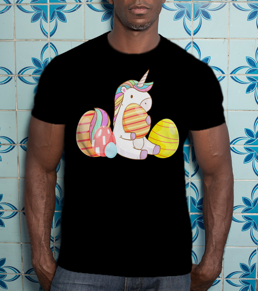 Unicorn Bunny Hugging Colorful Easter Eggs T-Shirt