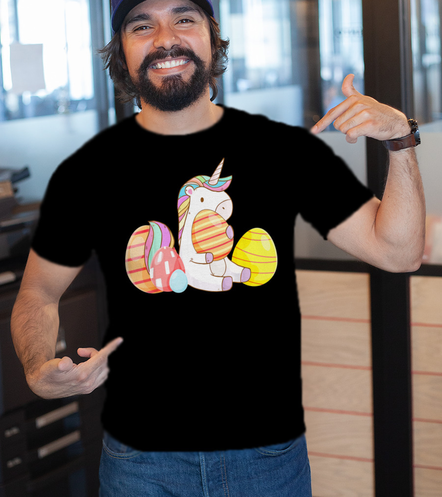 Unicorn Bunny Hugging Colorful Easter Eggs T-Shirt