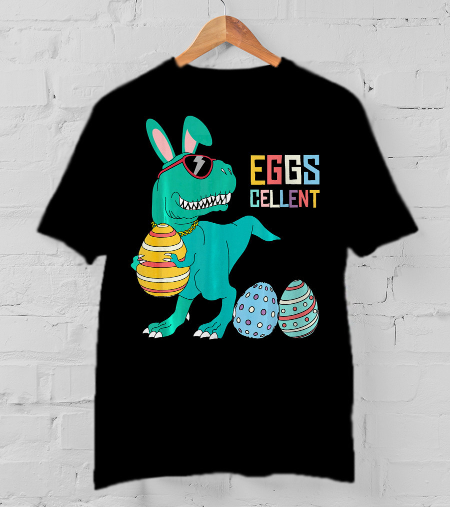 Easter Dinosaur Eggs Cellent T-Rex With Sunglasses And Striped Polka Dot Eggs T-Shirt
