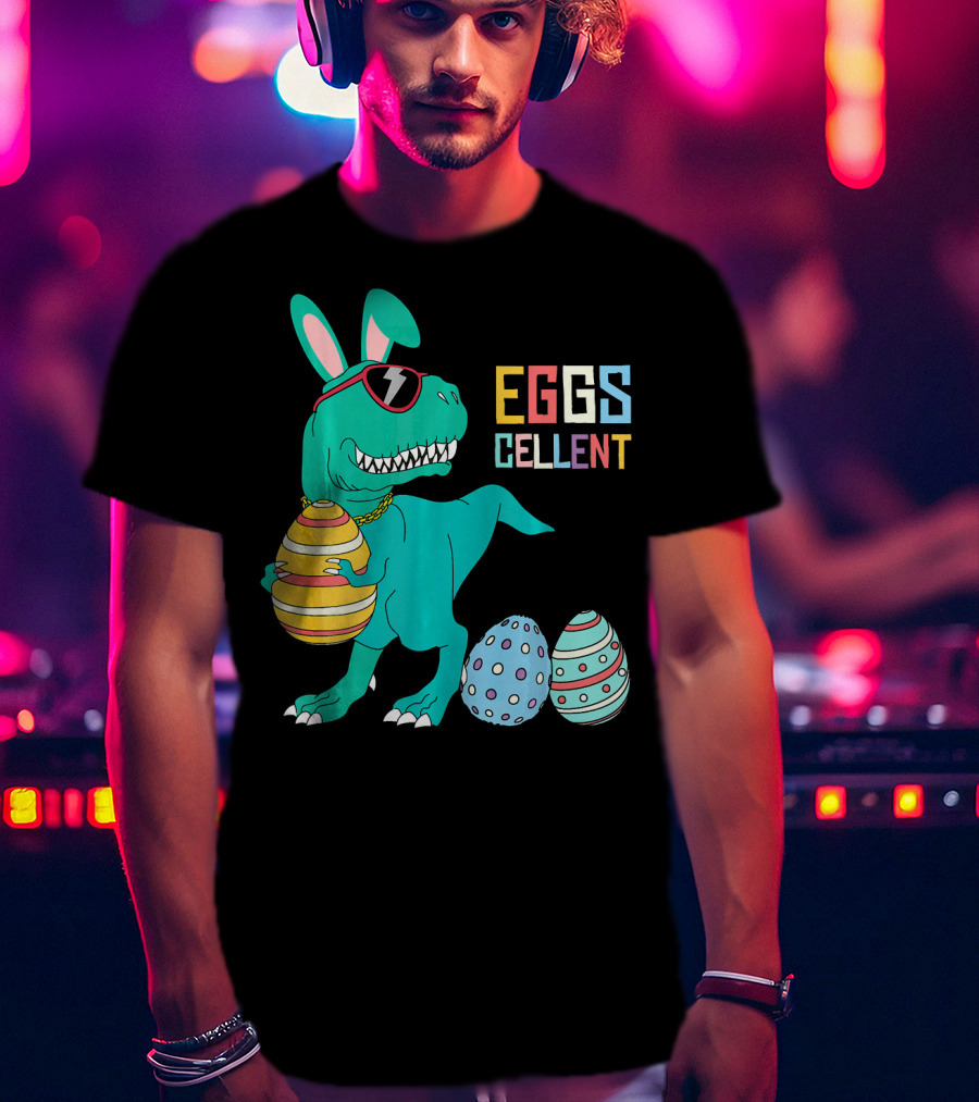 Easter Dinosaur Eggs Cellent T-Rex With Sunglasses And Striped Polka Dot Eggs T-Shirt
