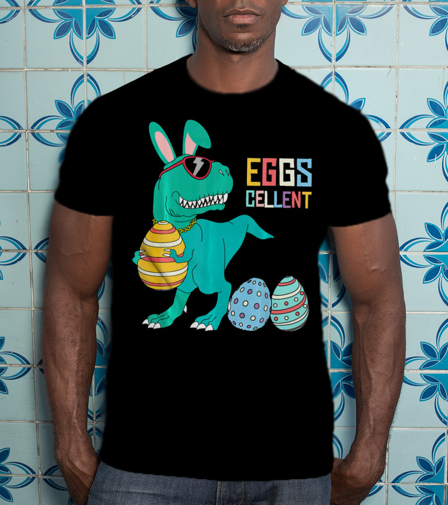Easter Dinosaur Eggs Cellent T-Rex With Sunglasses And Striped Polka Dot Eggs T-Shirt