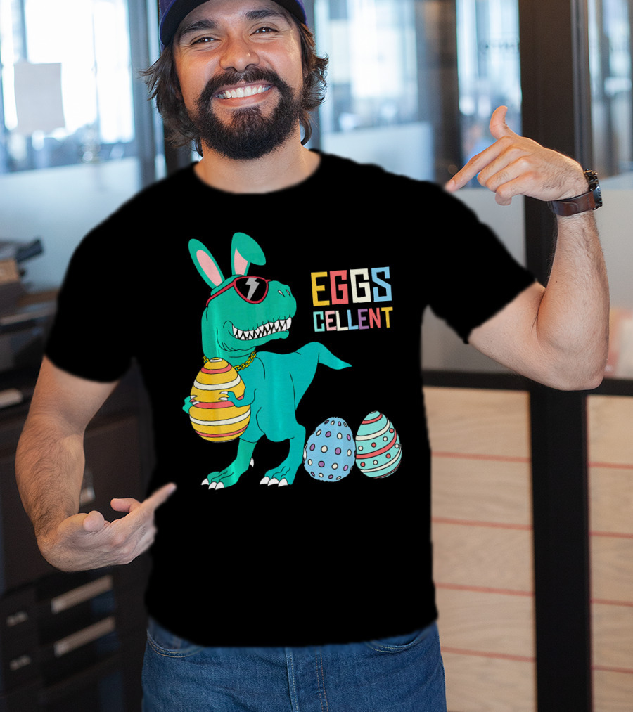 Easter Dinosaur Eggs Cellent T-Rex With Sunglasses And Striped Polka Dot Eggs T-Shirt