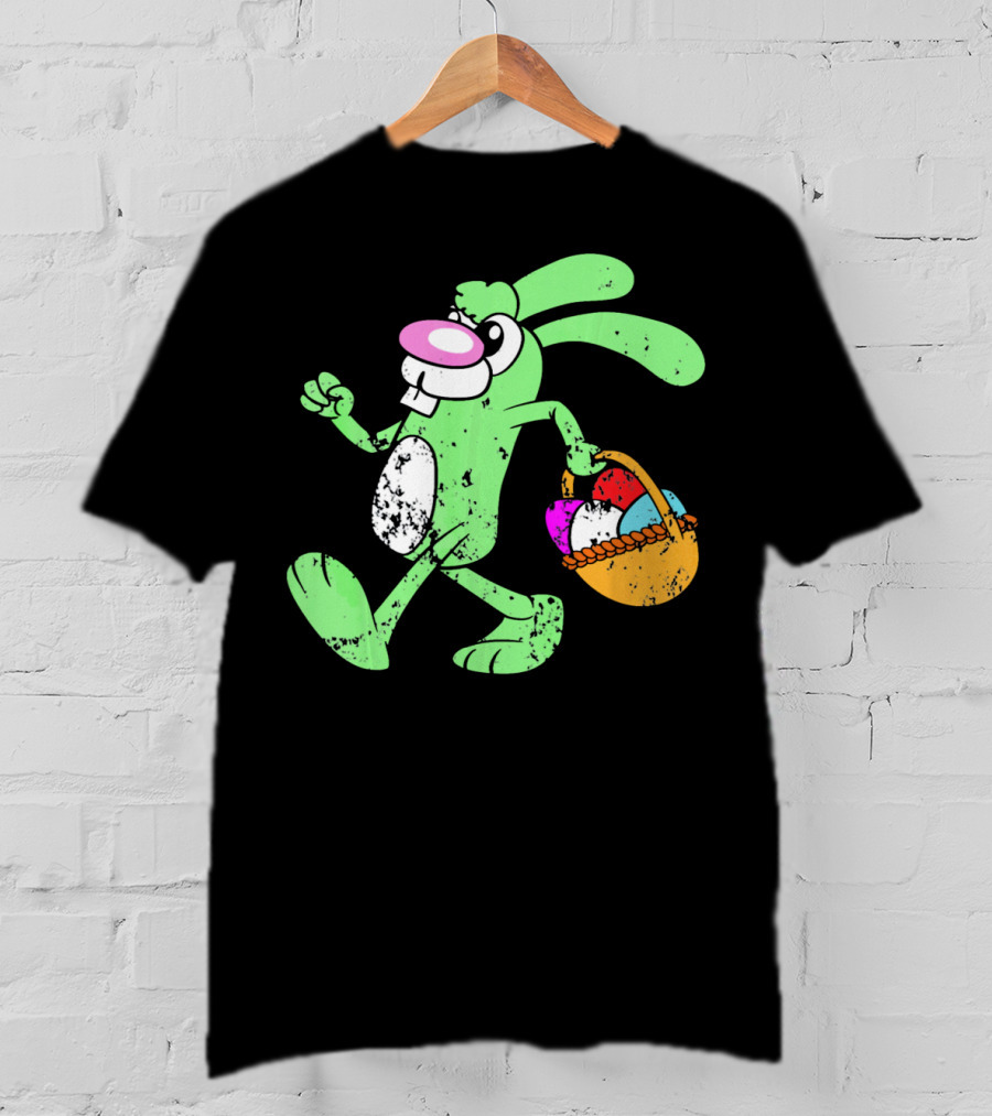 Retro Vintage Grunge Easter Bunny With Colorful Egg Basket T-Shirt