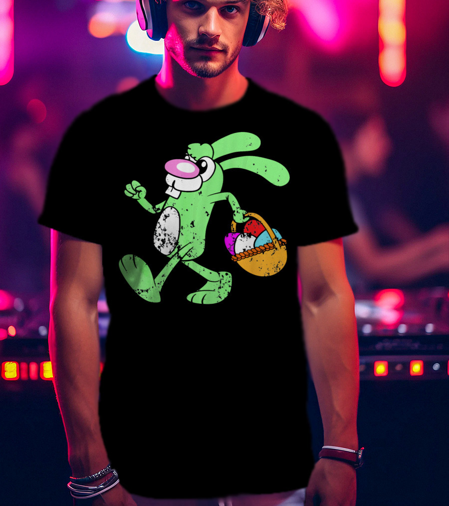 Retro Vintage Grunge Easter Bunny With Colorful Egg Basket T-Shirt