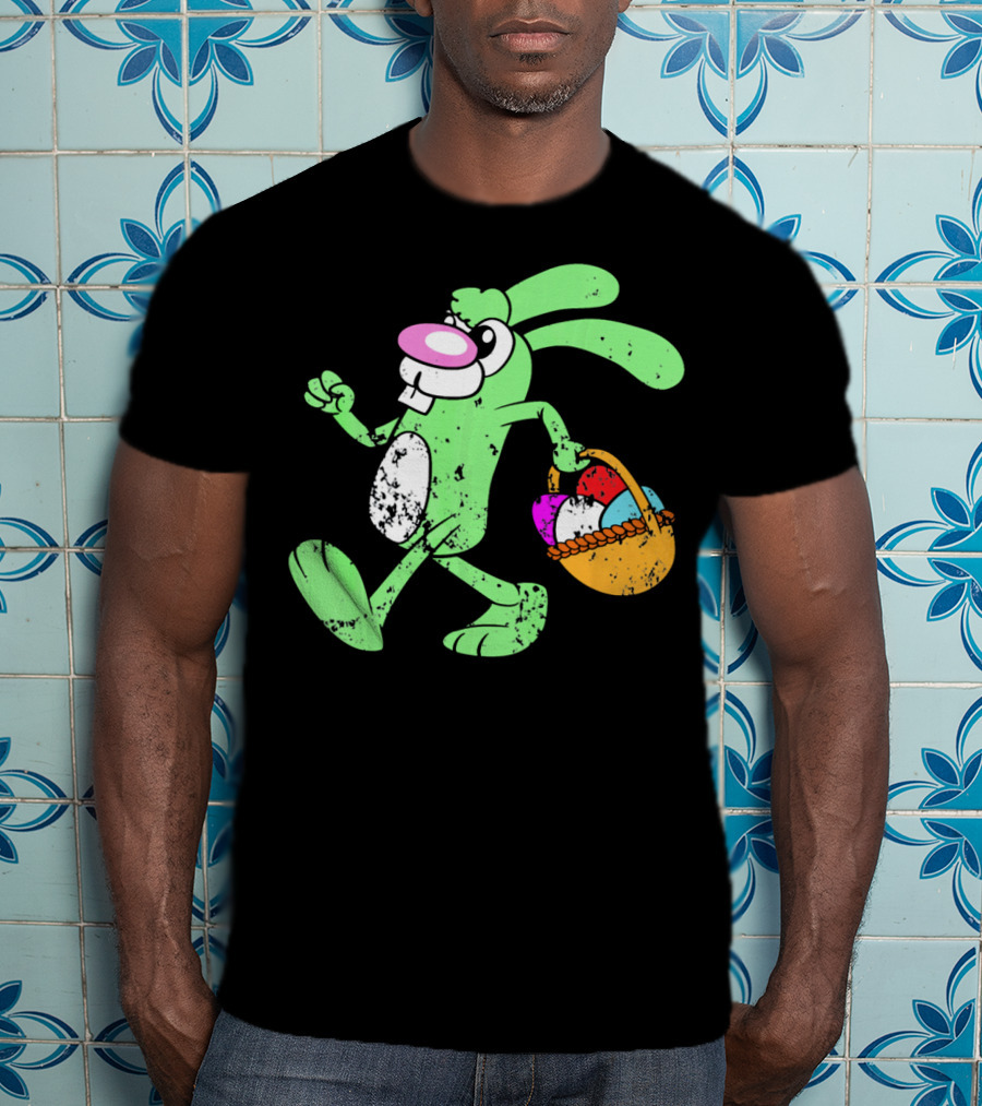 Retro Vintage Grunge Easter Bunny With Colorful Egg Basket T-Shirt
