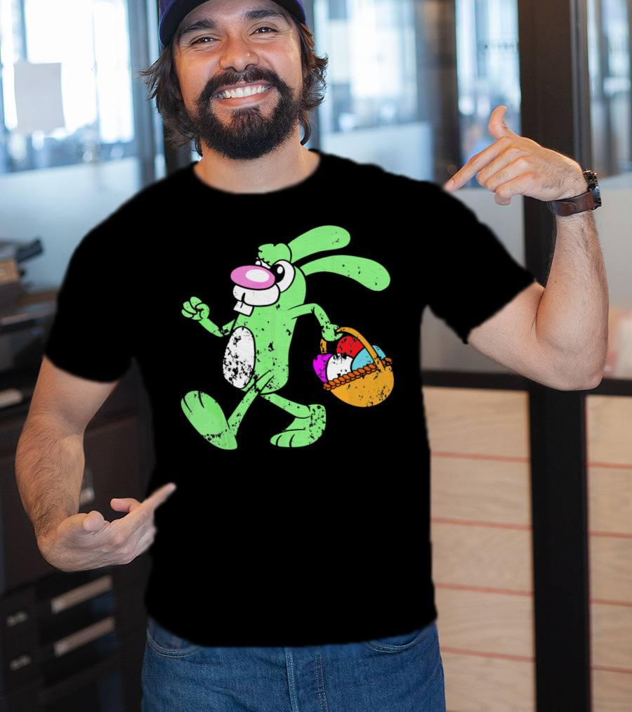 Retro Vintage Grunge Easter Bunny With Colorful Egg Basket T-Shirt