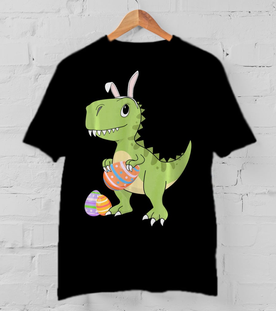 Easter Dinosaur Kids T-Rex With Bunny Ears Holding Colorful Eggs T-Shirt