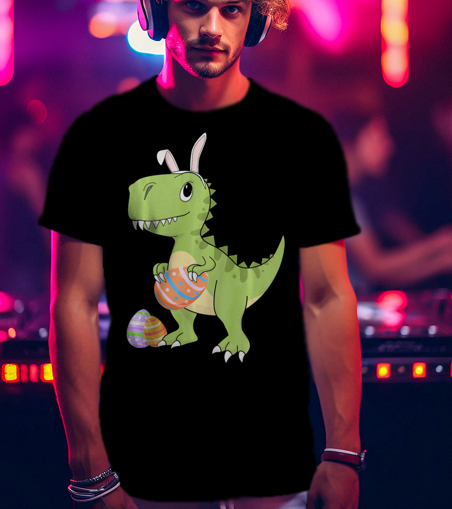 Easter Dinosaur Kids T-Rex With Bunny Ears Holding Colorful Eggs T-Shirt