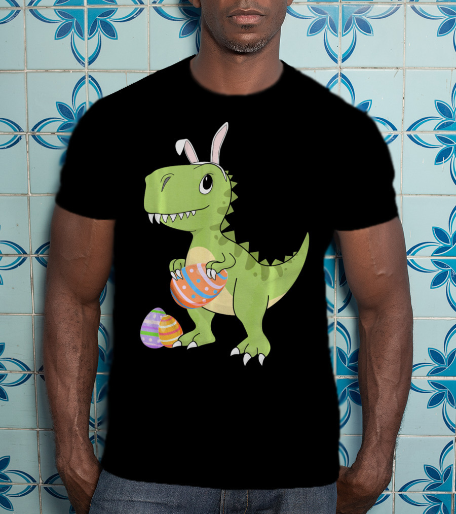 Easter Dinosaur Kids T-Rex With Bunny Ears Holding Colorful Eggs T-Shirt