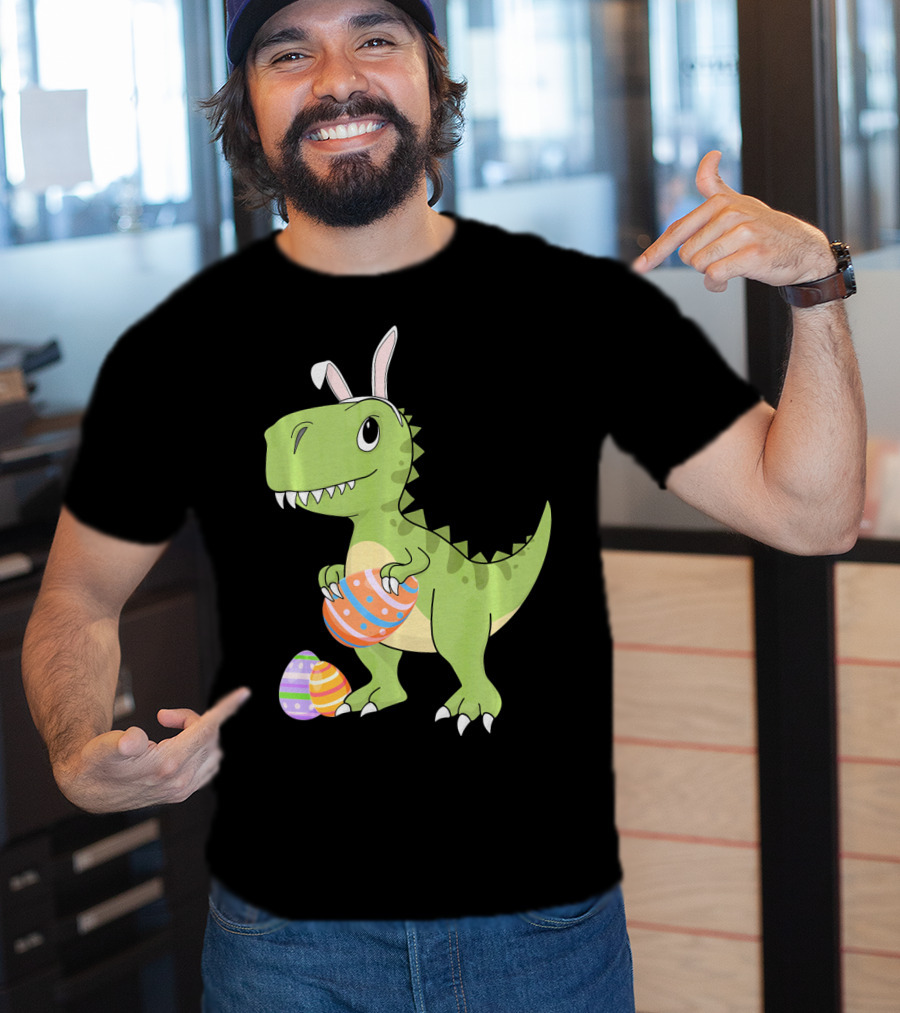 Easter Dinosaur Kids T-Rex With Bunny Ears Holding Colorful Eggs T-Shirt