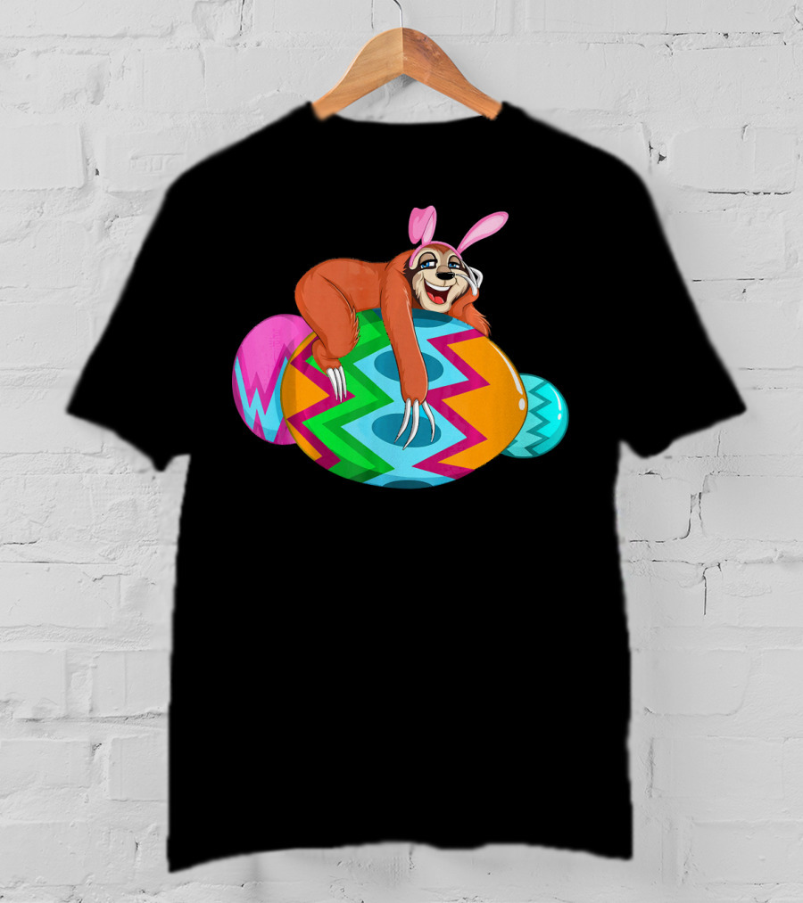 Cool Lazy Sloth Bunny On Colorful Easter Egg Hunt T-Shirt