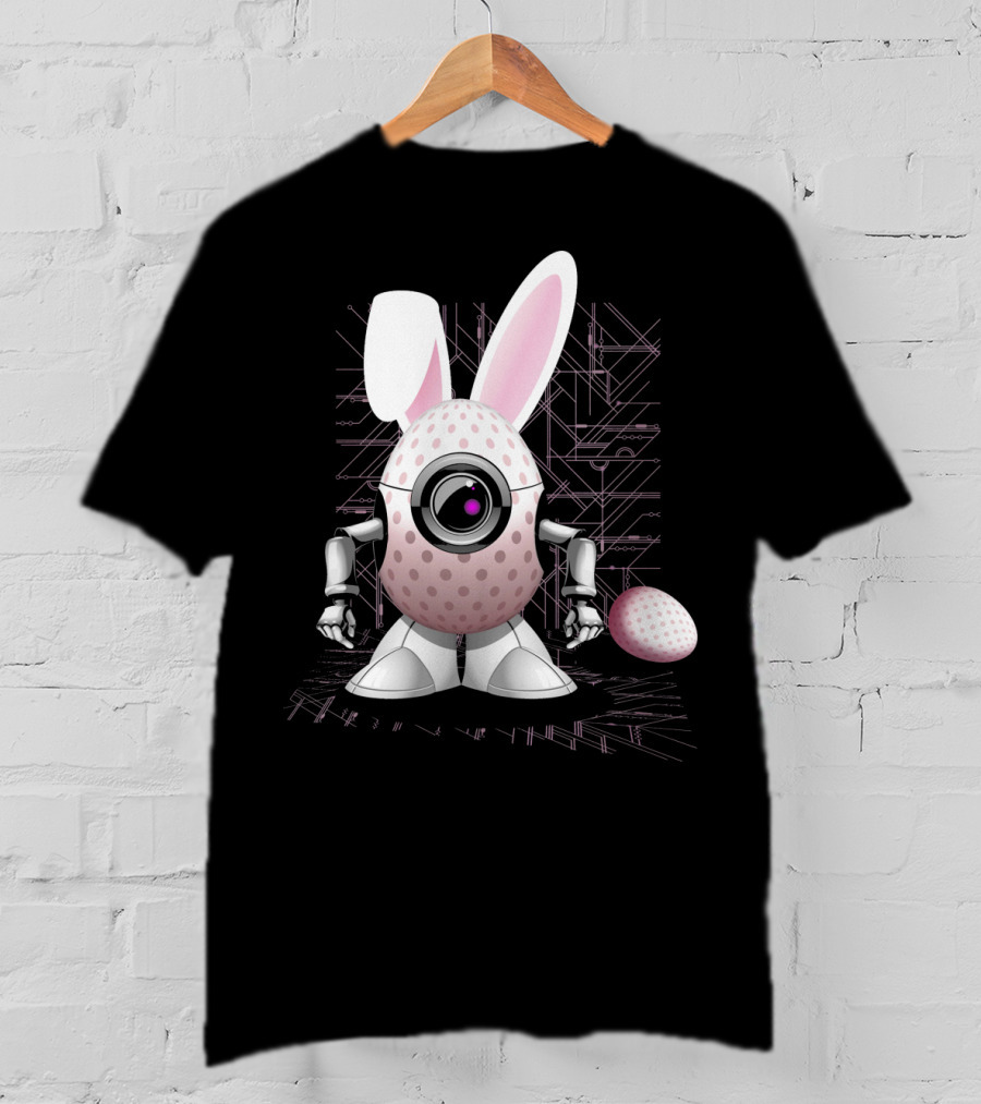 Happy Easter Bunny Robot Egg With Camera Eye And Circuit Background T-Shirt