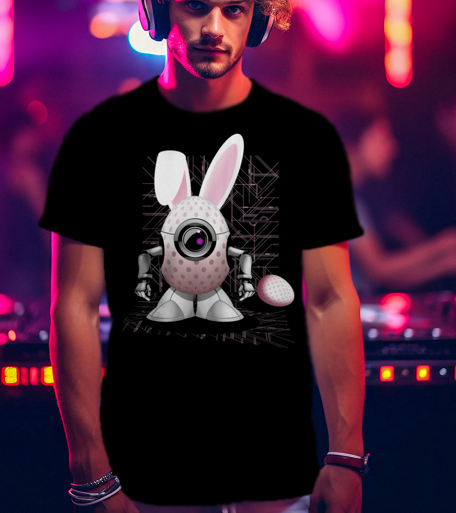 Happy Easter Bunny Robot Egg With Camera Eye And Circuit Background T-Shirt