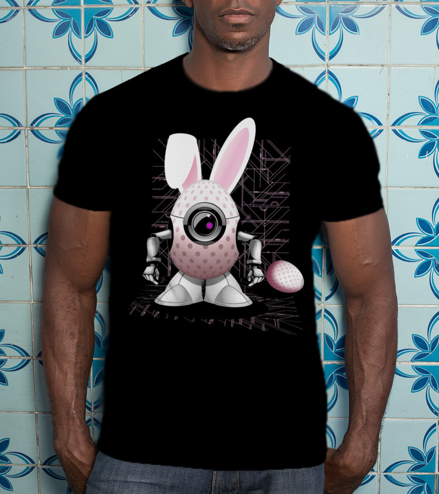 Happy Easter Bunny Robot Egg With Camera Eye And Circuit Background T-Shirt