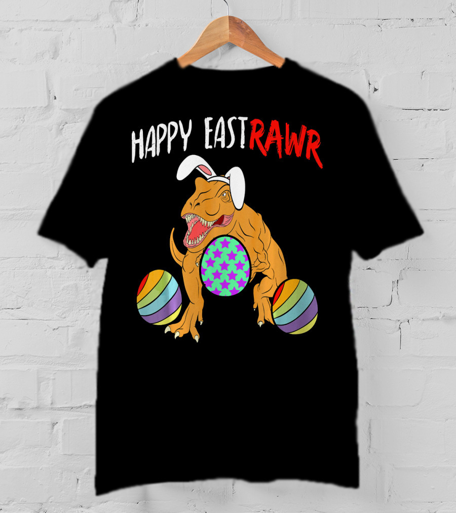 Happy Eastrawr Dinosaur Easter With Bunny Ears And Colorful Eggs T-Shirt
