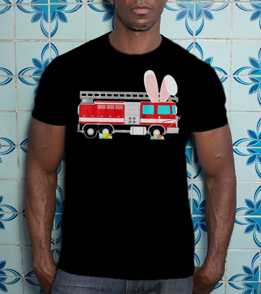 Easter Bunny Ear Fire Truck With Eggs And Carrots T-Shirt