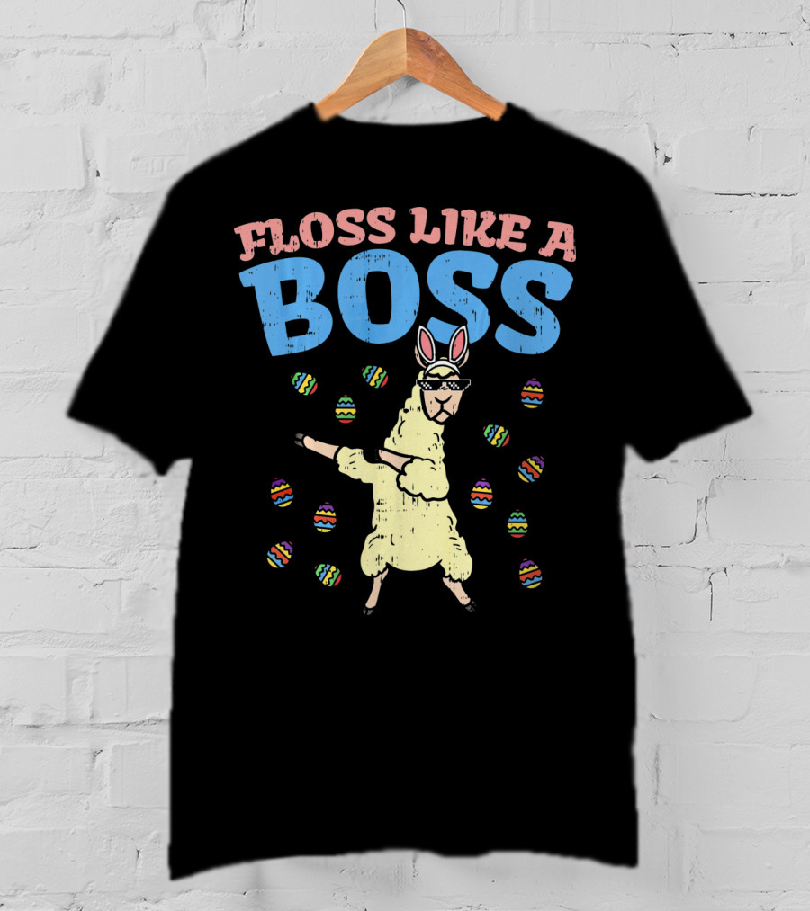 Floss Like A Boss Easter Llama Dancing With Bunny Ears And Colorful Eggs T-Shirt