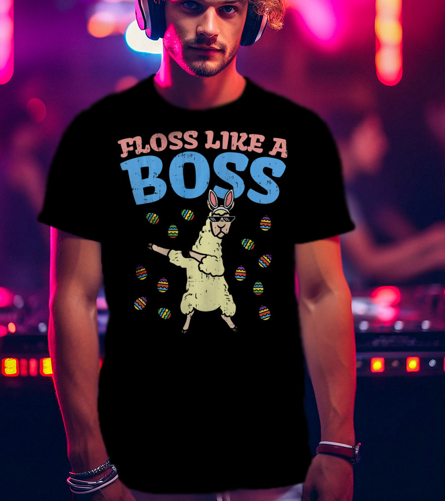 Floss Like A Boss Easter Llama Dancing With Bunny Ears And Colorful Eggs T-Shirt