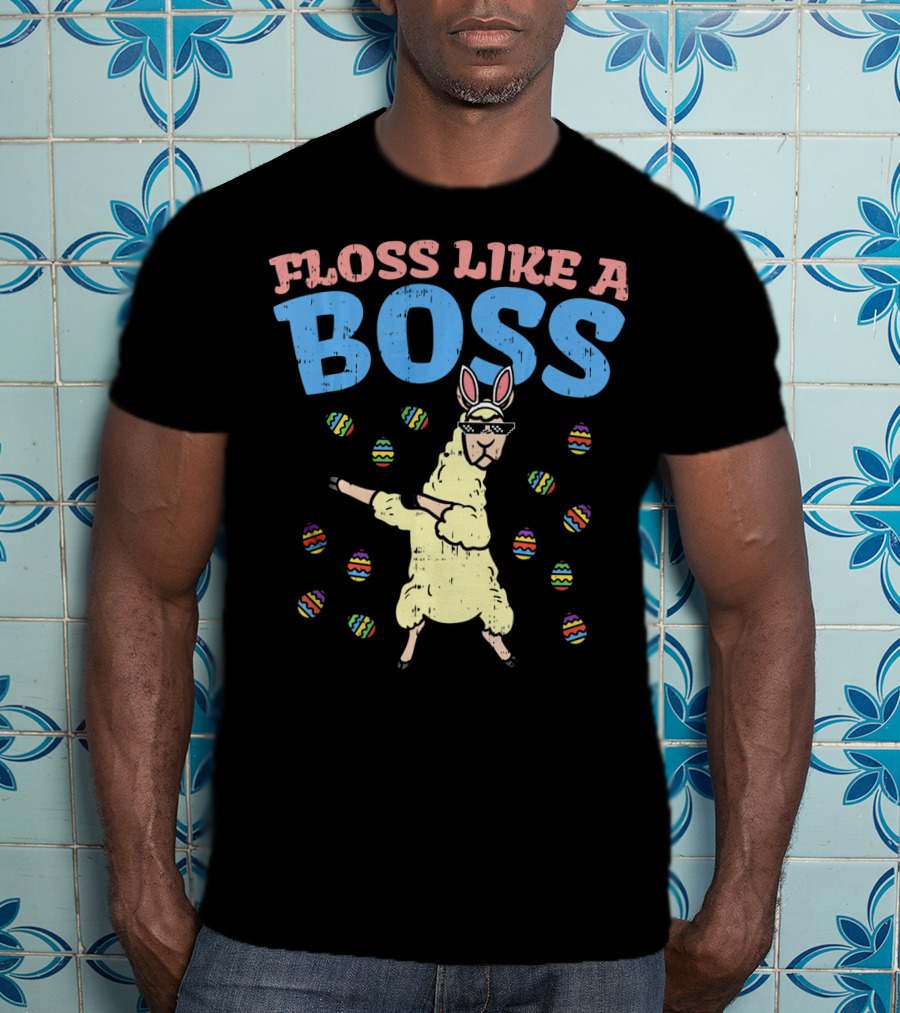 Floss Like A Boss Easter Llama Dancing With Bunny Ears And Colorful Eggs T-Shirt