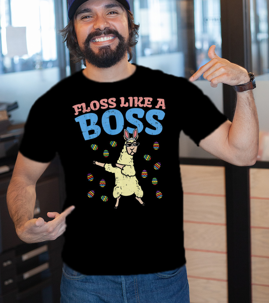 Floss Like A Boss Easter Llama Dancing With Bunny Ears And Colorful Eggs T-Shirt