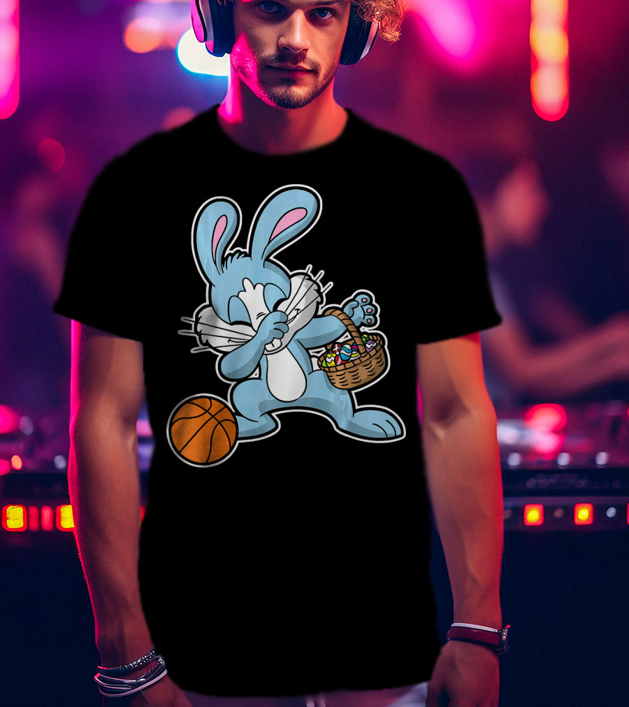 Dabbing Easter Bunny With Basketball And Basket Of Eggs T-Shirt