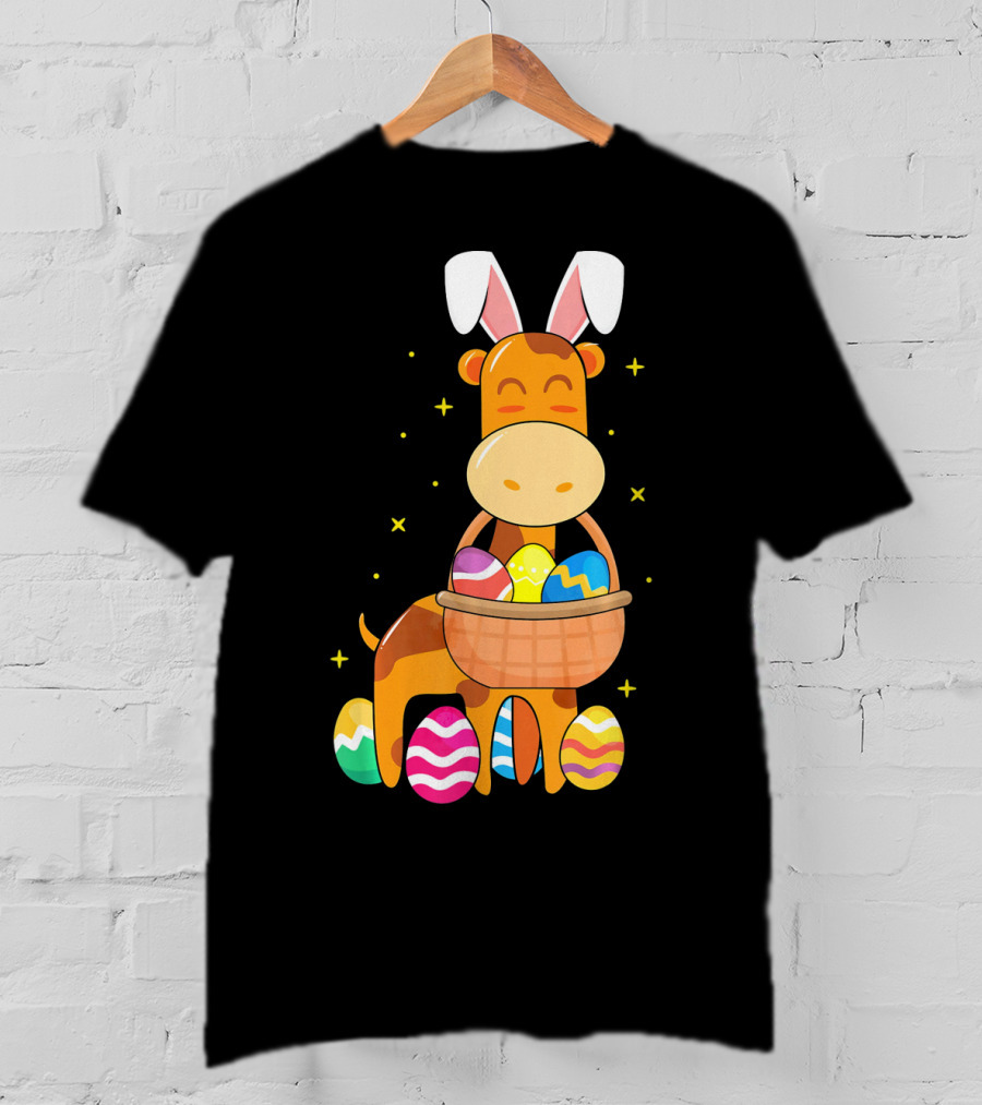 Giraffe Easter Egg Bunny Holding Basket Of Colorful Eggs And Wearing Bunny Ears T-Shirt