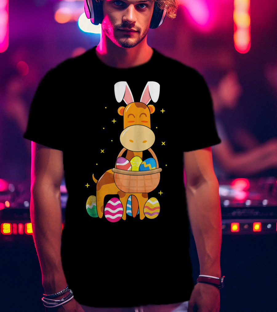 Giraffe Easter Egg Bunny Holding Basket Of Colorful Eggs And Wearing Bunny Ears T-Shirt