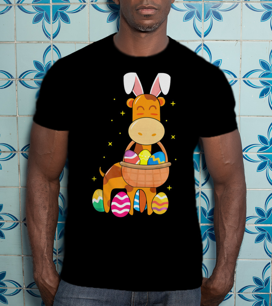 Giraffe Easter Egg Bunny Holding Basket Of Colorful Eggs And Wearing Bunny Ears T-Shirt