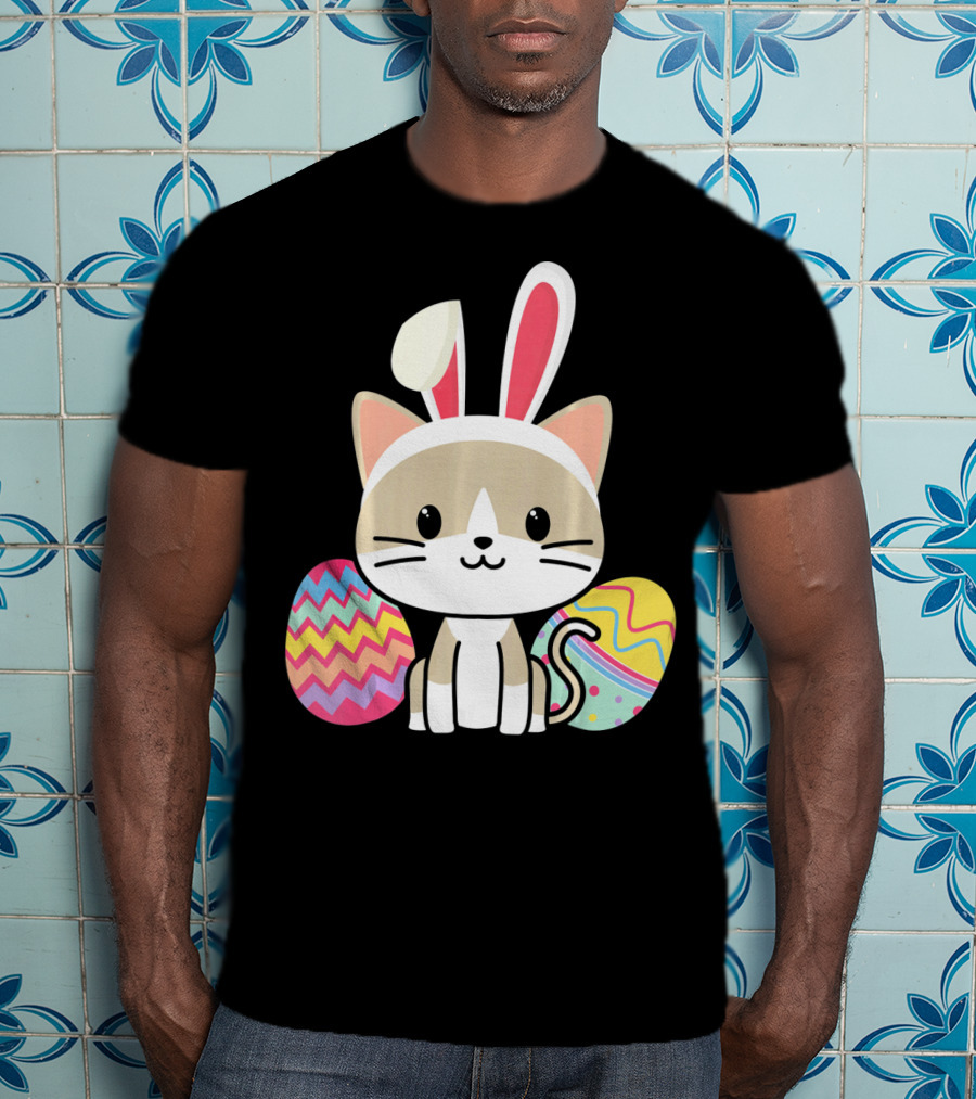 Easter Cat With Bunny Ears And Colorful Easter Eggs T-Shirt