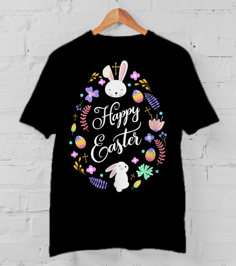 Happy Easter Christian Bunny Eggs Flowers Crosses T-Shirt