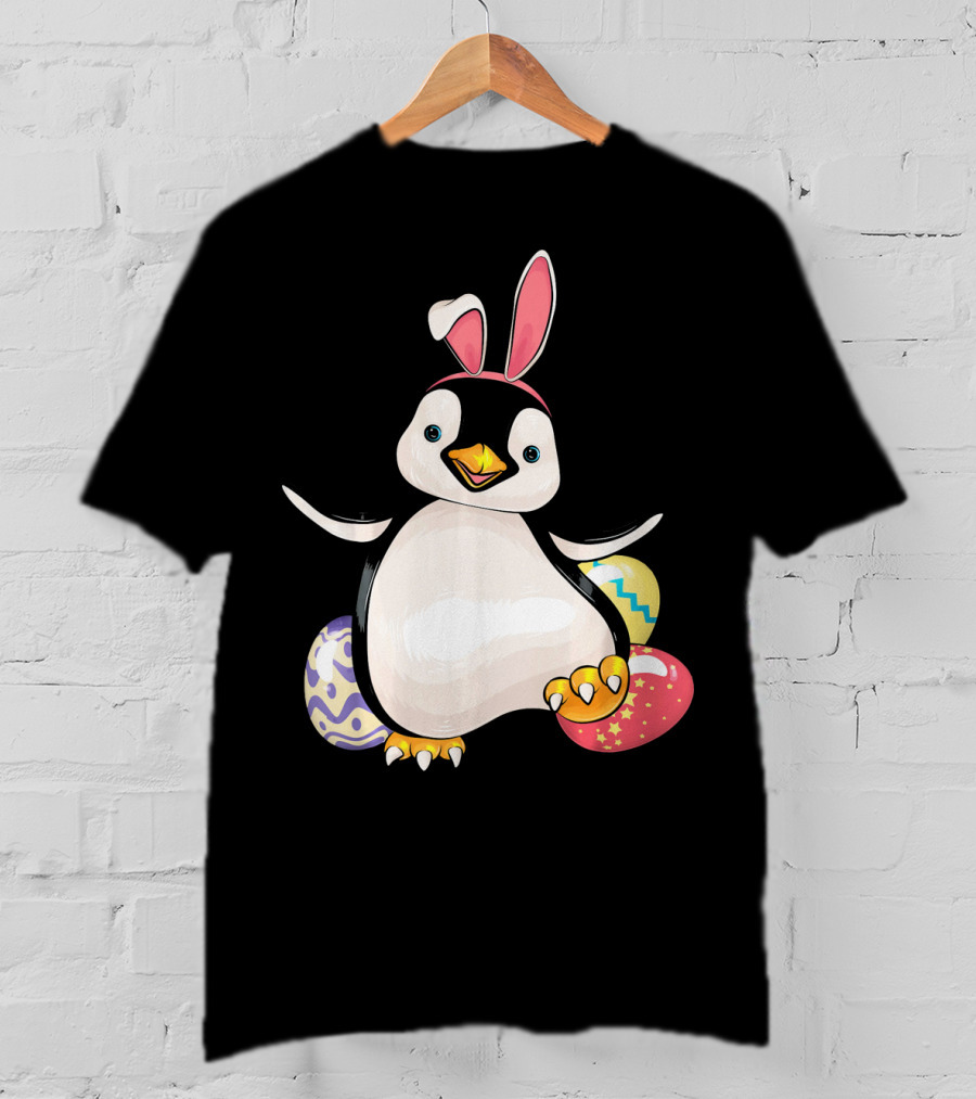 Penguin Bunny Easter With Colorful Eggs T-Shirt