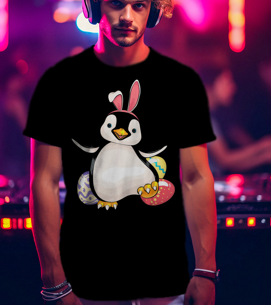 Penguin Bunny Easter With Colorful Eggs T-Shirt