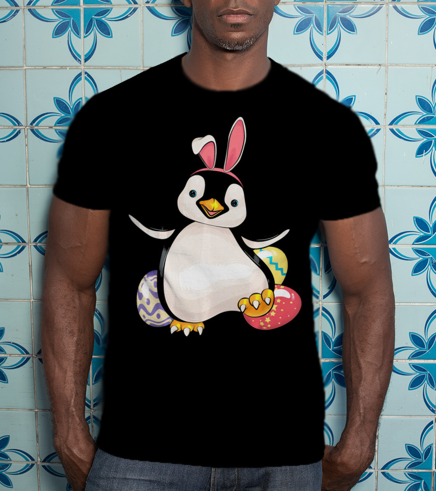 Penguin Bunny Easter With Colorful Eggs T-Shirt