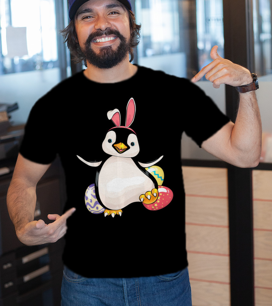 Penguin Bunny Easter With Colorful Eggs T-Shirt