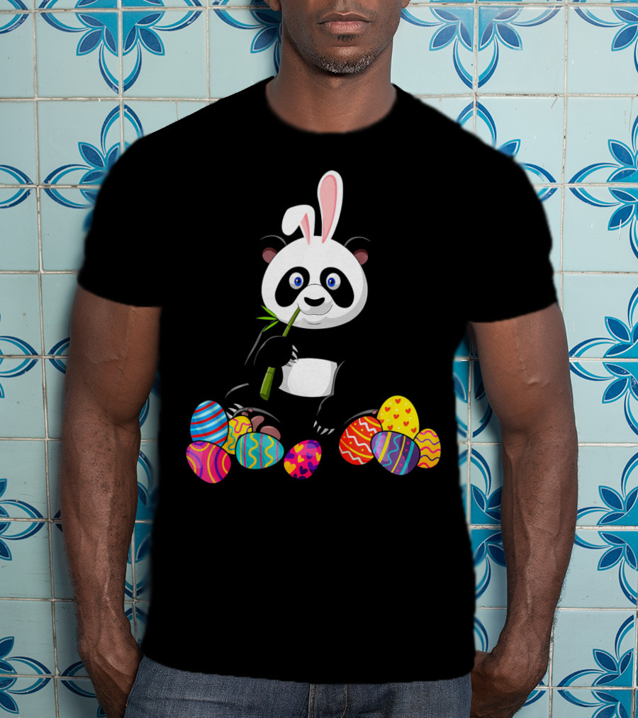 Panda With Bunny Ears And Colorful Easter Eggs T-Shirt